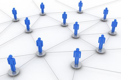 Illustrated human figures standing on nodes connected by lines