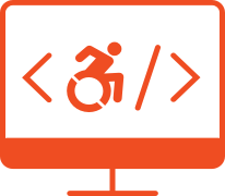 Desktop computer monitor with code brackets and an icon of a person using a wheelchair between the brackets