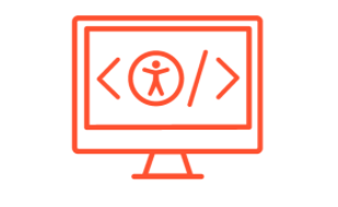 Icon of a desktop monitor with an accessibility symbol in between two code brackets