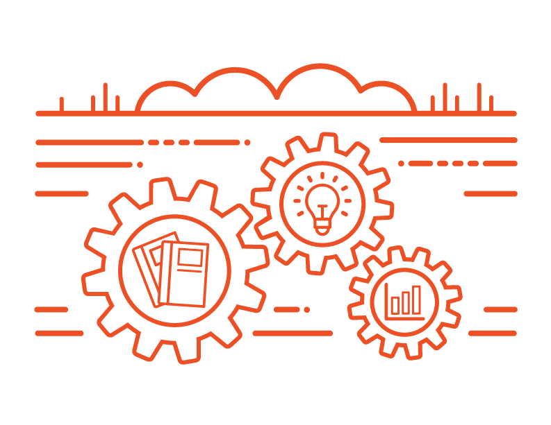 Line drawing illustration that portrays digital skills as gears underground like seeds, ready to grow