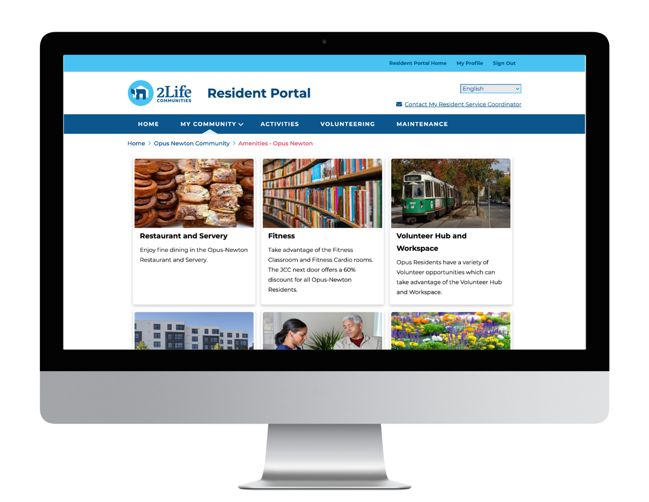 A desktop computer screen showing the 2Life resident portal activity page