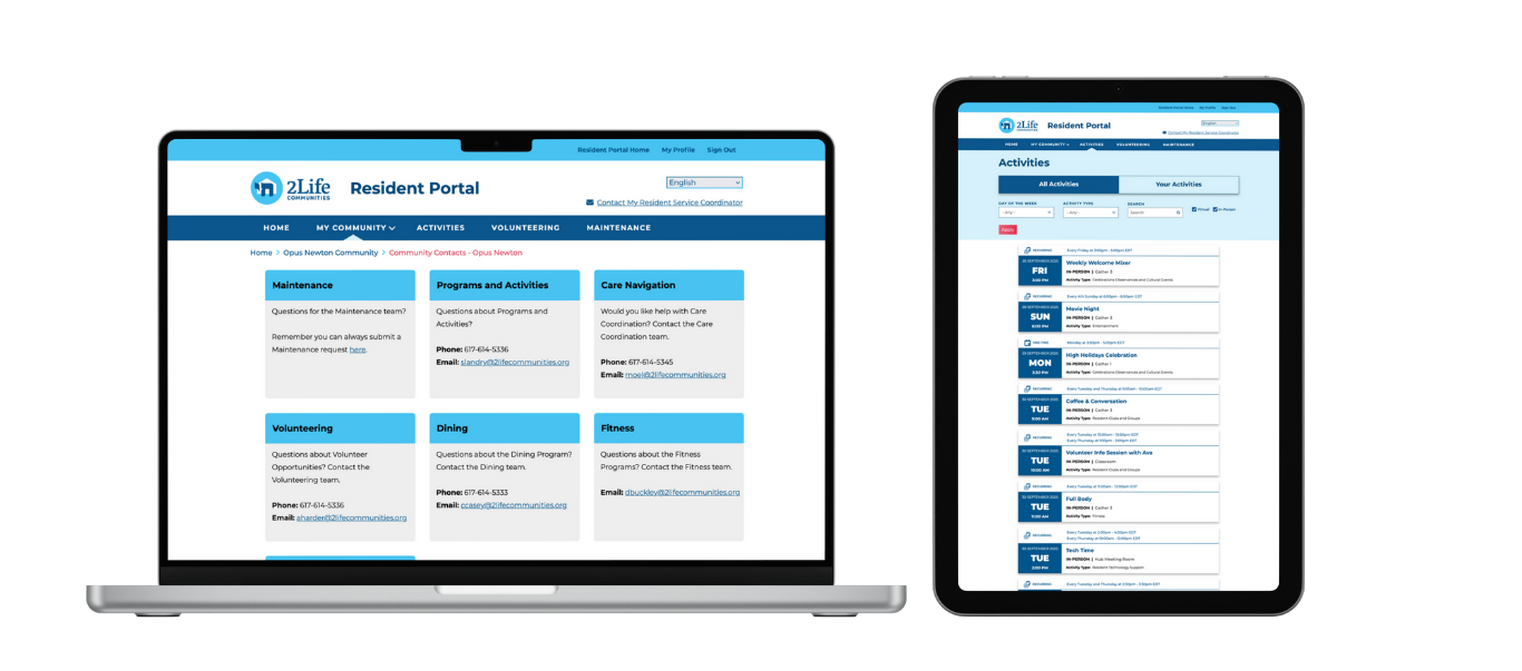 Screens from the 2Life Resident portal