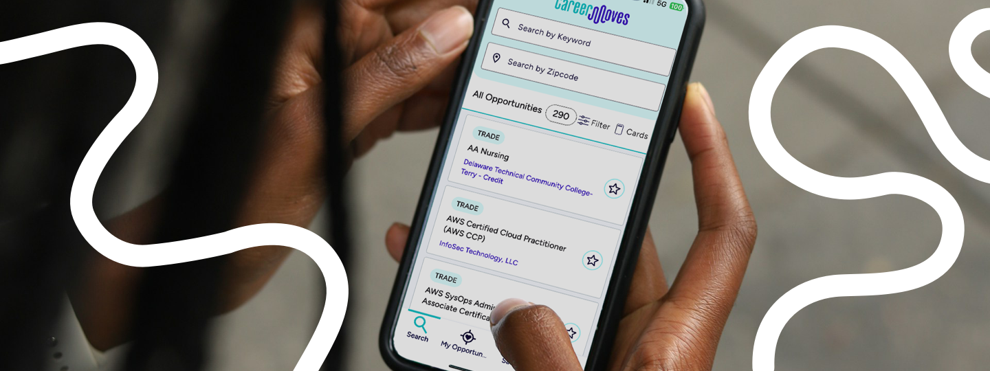 Someone holding a mobile device displaying the Career Moves app interface with a list of job trainings. 