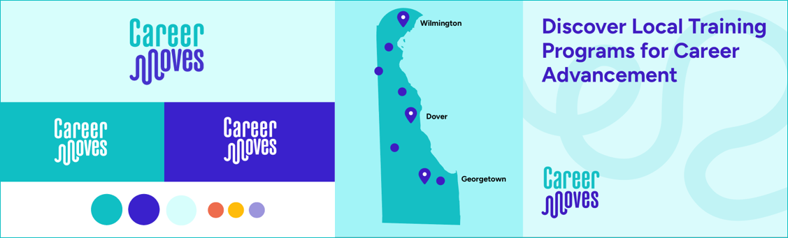 The Career Moves logo and color pallet, which includes teals and purples