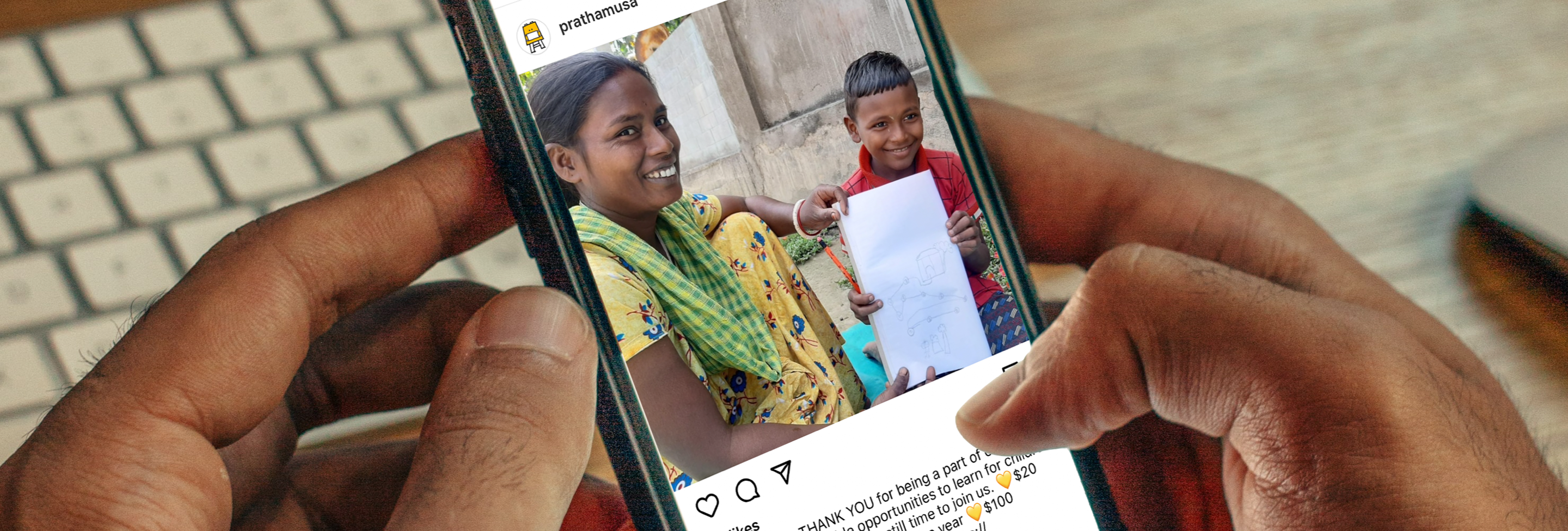 Person on phone looking at Pratham's social media post. 