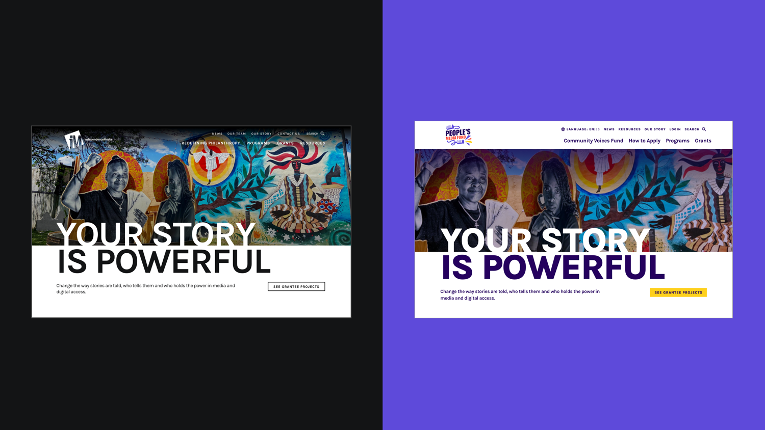 Before and after image of website top fold following renaming and branding. 