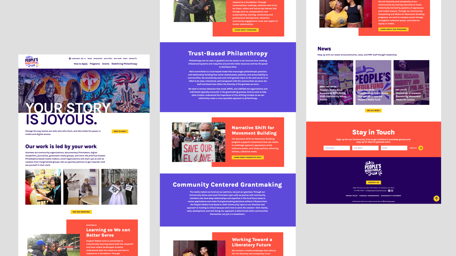 Sections of People's Media Fund homepage.