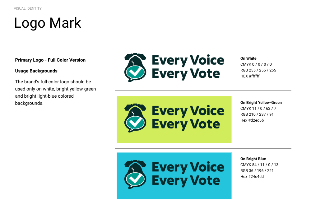 Logo use guidelines for the Every Voice, Every Vote campaign