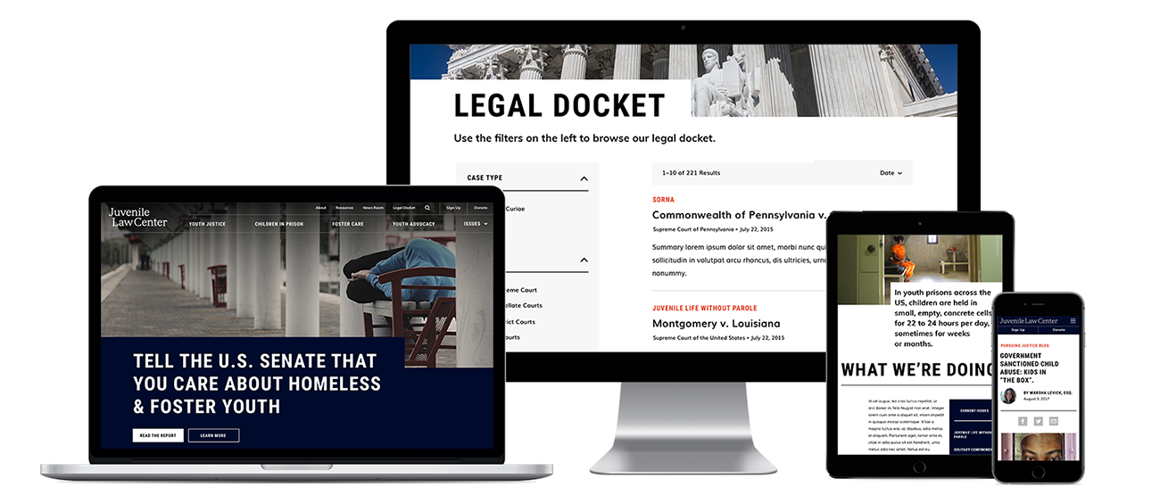 Juvenile Law Center home page and other pages across laptop, desktop, mobile, and tablet