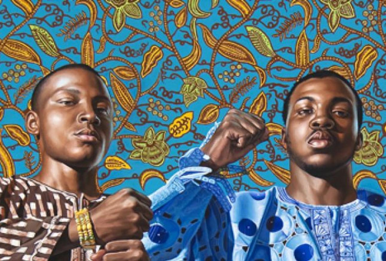 Painting by a PAFA artist with floral background and three African-American youth with raised fists