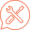 Icon of a screwdriver and wrench inside a word bubble, representing support