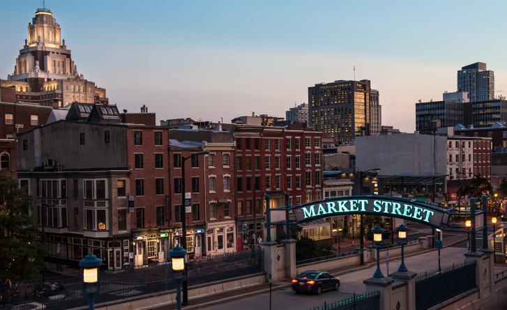 A bird's eye view of Old City featuring the Market Street entrance archway. 